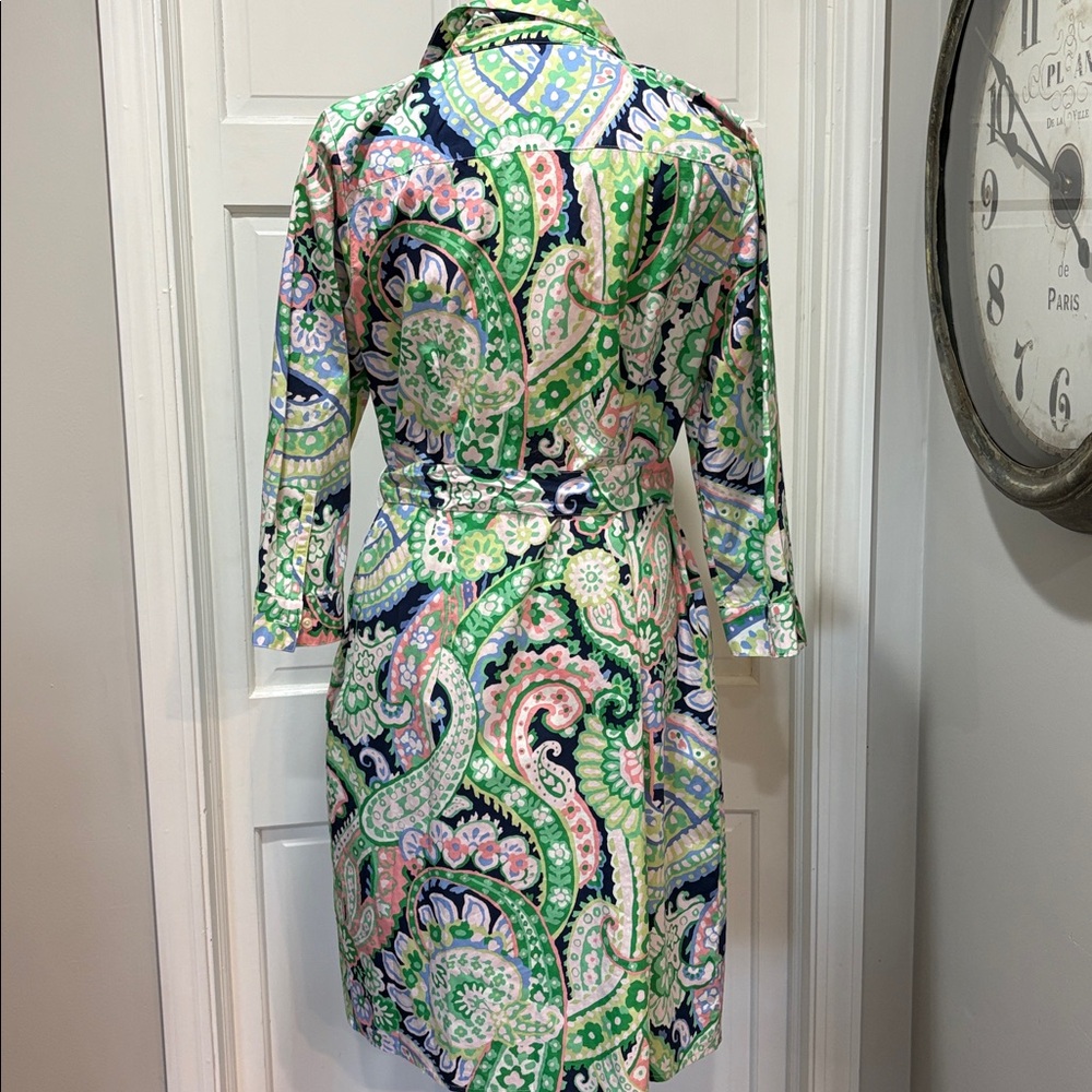 Talbots sz 14 preppy pink green and white patterned button front shirt dress - Picture 5 of 8